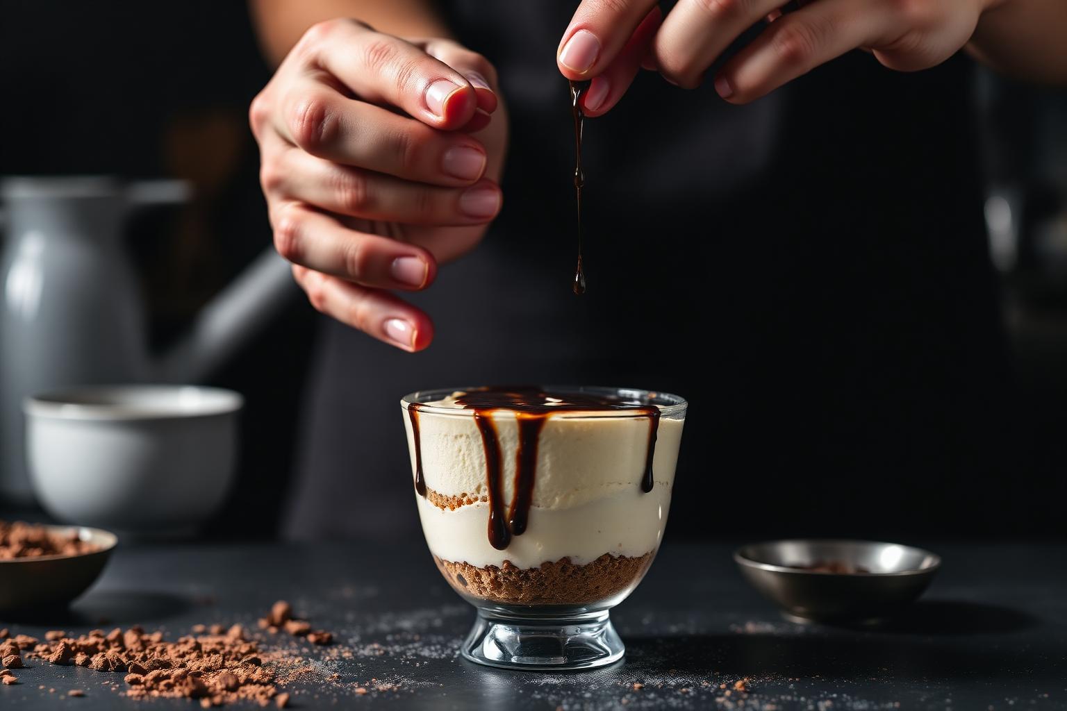 Preparación artesanal de un postre en vaso con chocolate